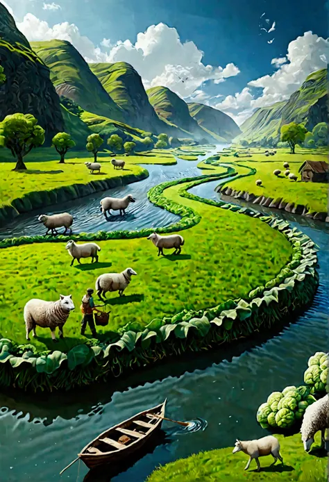 Make iq game and include river, boat, man, land, sky, wolf, sheep, cabbage