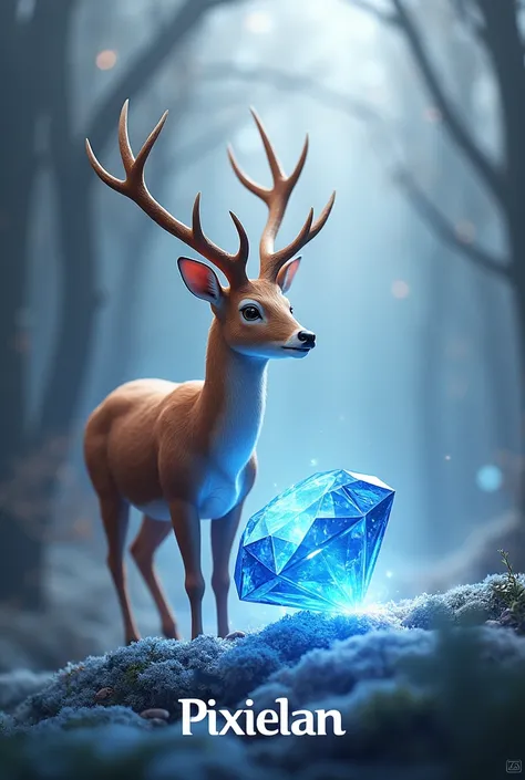 An image of an antlered deer next to a shiny blue diamond with the PixieLan brand underneath and a shiny silver background.