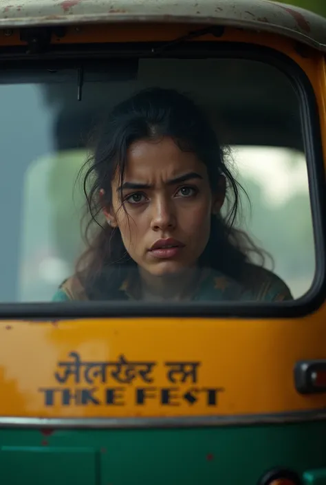 A girl around of 19year old angry and sad behind a autorickshaw





