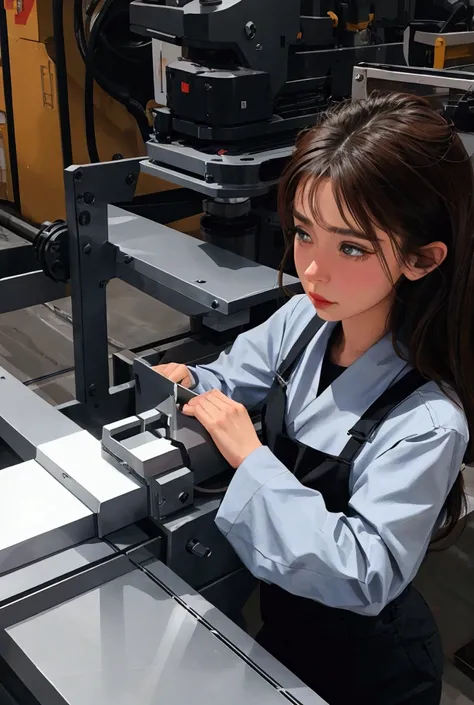 Girl at work, makes a part on a metal-cutting machine