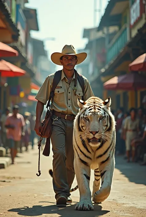 Highest quality, masterpiece, Raw photo, film grain, Ultra-realism, Realism-oriented, Ultra-high resolution, An Indonesian man wearing a cowboy hat with a height of 160 cm walks with a white tiger, A man accompanies a tiger by holding a rope connected to t...