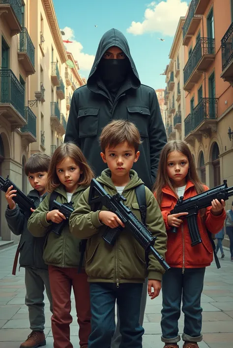 Je veux une cover avec dessus des étudiants de 2ans donc 3 garçons et 3 filles avec des armes dans la ville de Barcelone , avec derrière en fond un homme avec un sourire machiavélique 