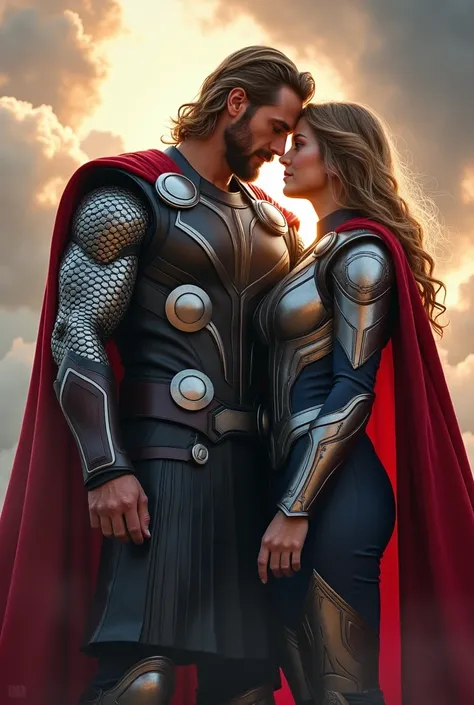 Thor with James foster romantic realistic image 
James foster is also wearing thor armour
She is wearing thor suit and has Mjolnier in her hands