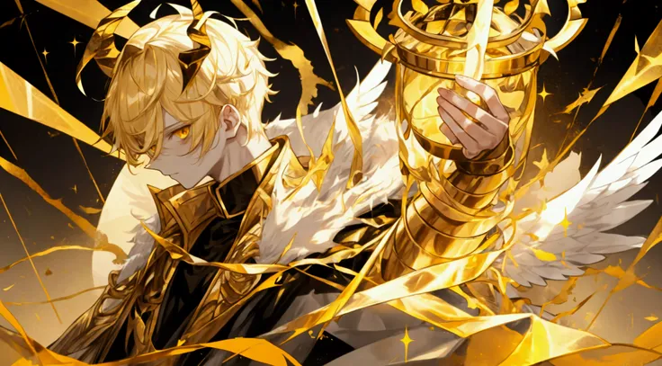 Male angel with blond short hair, two golden Crystal horns on the forehead, yellow eyes, torn black clothes, divine crown, male character ((JUST A CHARACTER), teenage traits, Hero of light