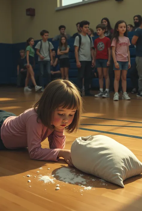 A girl unconscious in gym, with a sack of sugar, everyone looking at her