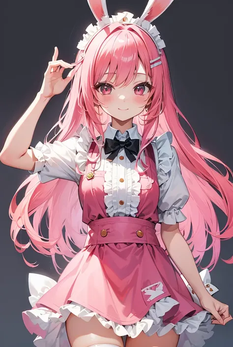 High resolution, masterpiece, Anatomically correct, Best Quality, One girl, Blushing, Look at, smile, Bunny ears, Pink Hair, Maid uniform、Simple Background