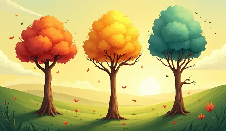 "Three trees in a vibrant, cartoon-style landscape, each in a different seasonal theme. The left tree features warm orange tones for fall, with a glowing yellow sky in the background. The center tree is bold and fiery red, symbolizing summer, with a lively...