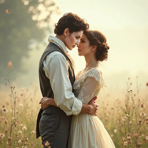  dreamy, soft-focus photograph capturing a romantic Jane Austen movie scene, in the style of Agnes Cecile. Delicate watercolors, misty background, Regency-era couple, tender embrace, period clothing, flowing dress, dappled sunlight, ethereal glow, gentle e...