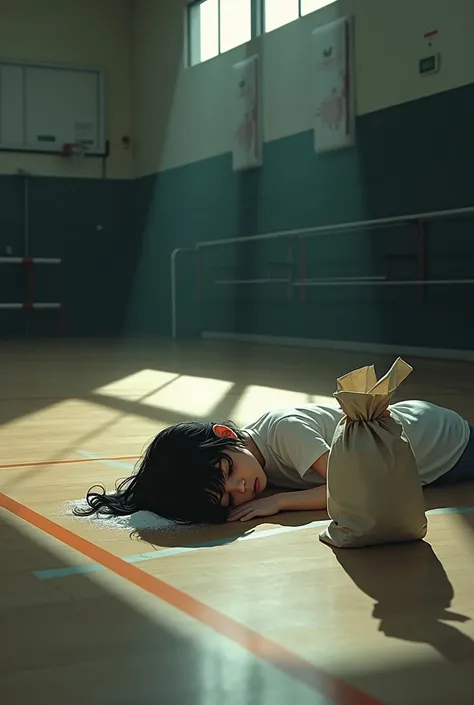 A girl unconscious in gym, with a sack of sugar