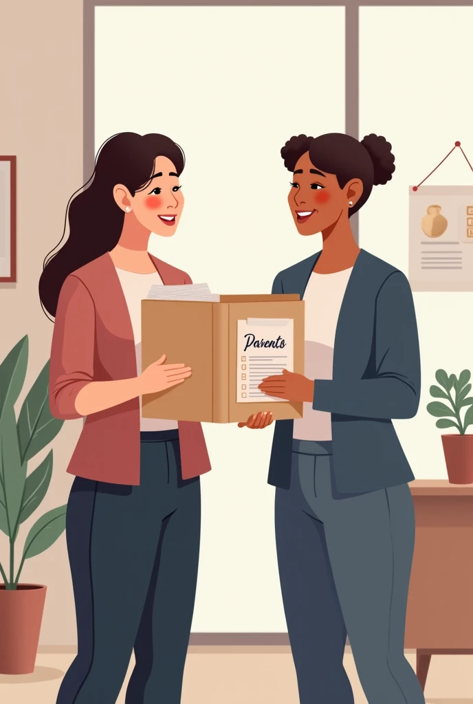 Illustration of a two woman holding a folder or checklist with a words saying "Parents" 