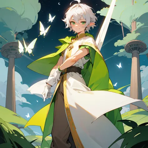 elf, male, silver hair,short hair, medium cut, ahoge, curly hair, green eyes, fair skin, green  wizard celt robe, robe with cont...