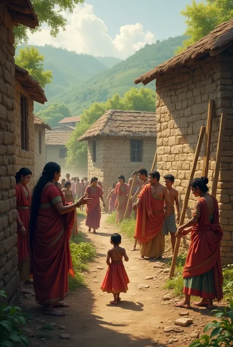 Scene: Ganga Devi and the villagers working together to fortify the village. Men are reinforcing the village walls with wooden planks and stones, while women and children assist by bringing supplies and arranging defenses.