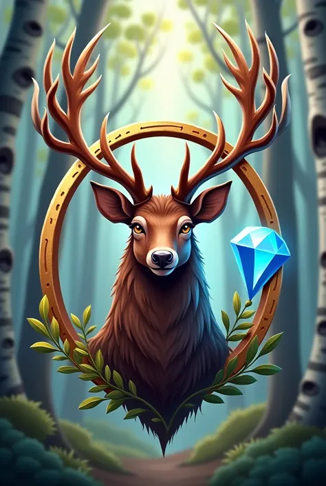 A logo for a PixieLand game with a birch background featuring an antlered deer in a gold ring, the color of the deer being dark brown next to a sparkling blue diamond