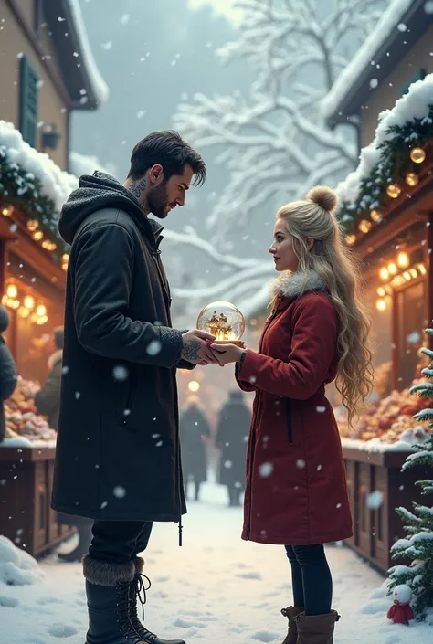 A large Christmas market in Norway. Everything is beautifully covered in snow and decorated for Christmas. A black-haired, broad man with a tattoo on his neck in black clothes hands a woman with long blonde hair a snow globe. A black-haired, broad man with...