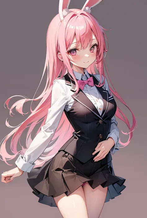 High resolution, masterpiece, Anatomically correct, Best Quality, One girl, Blushing, Look at, smile, Bunny ears, Pink Hair, Simple Background、In a suit