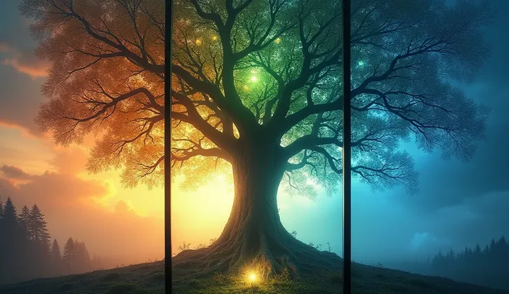 "A majestic, mystical tree standing at the center of three connected panels, with each section representing a different season or time of day. The left side is a fiery orange and yellow sunset, the middle features soft green and teal hues for midday, and t...