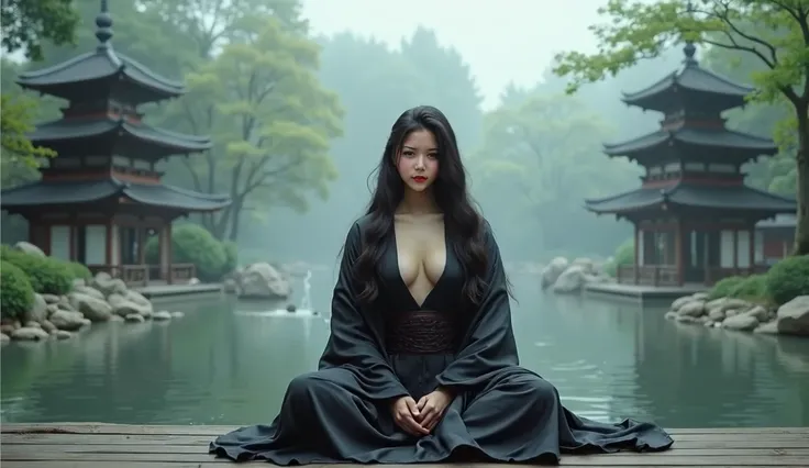 Beautiful Japanese long haired woman, wearing black samurai armor with chest open. big breast size 4. sitting meditating on a wooden platform facing camera, eyes closes. A calm body of water with several stones scattered across it. A small waterfall cascad...