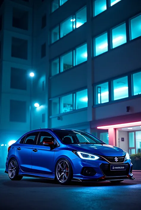 Maruti Suzuki baleno modified in blue colour at night standing in front of building with blue n neon light