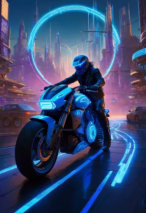 A neon-drenched, futuristic motorcycle bursts through a virtual cityscape, surrounded by a halo of code and circuitry, as tendrils of electric blue energy lash out at a distant, glowing horizon, evoking a sci-fi inspired, cyberpunk aesthetic reminiscent of...