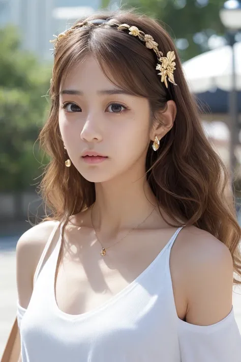 (((masterpiece))), ((photo realistic:1.3)), full body shot from front, Japanese girl, (flat chest:1.3), thin eyebrows, (broad jawline,puffy face), no make up , shiny eyes, light brown hair, long hair, loose wavy hair, (Hair Accessories:1.2), earrings, neck...