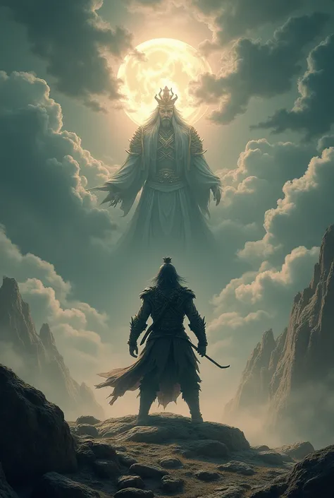 balck myth wukong standing in front of forth heaven king on clouds above is black clouds striking down 