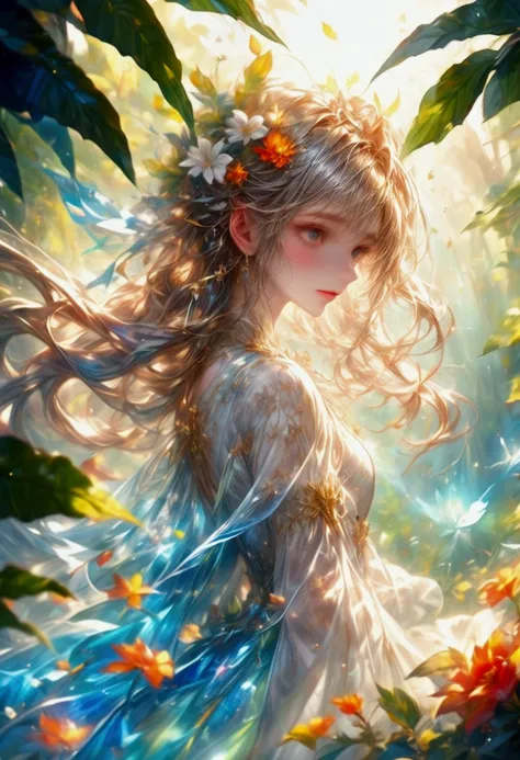 a spirit. The character has a transparent, ethereal body, and is designed to be integrated with natural elements. Her hair and clothes are fluid, like wind, water, and leaves, and sparkle every time the light shines on them. The expression of the spirit is...