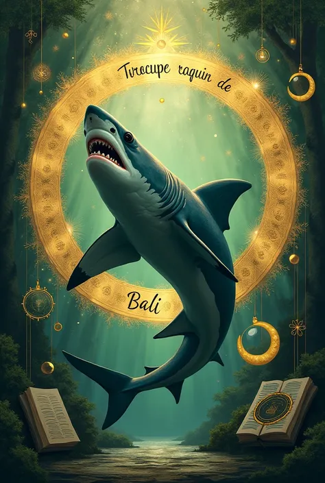  Bali shark** : faire un cercle,and inside,you write , troupe requin de Bali, au fond du cercle on voit Un requin majestueux entouré de symboles de science (books, lunettes, parchemins), with a gold and green background to represent wisdom and knowledge in...