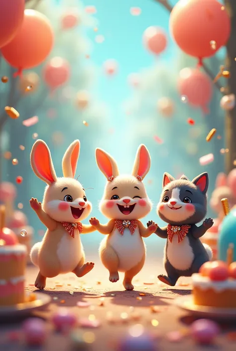 Dancing Rabbit, Laughing Sheep, Laughing Cat, Celebrate with Cake, Balloons, Soap Bubbles, Confetti, Masterpiece, Highest Quality, Photon Map, High Contrast, Glitter, Limp, Diamond beads, Multiple exposure, gems, Bright colors, Delicate details, races 、rib...