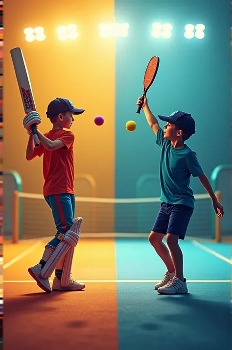 One half of the image can show a boy hitting a cricket ball in a classic shot at indoor Cricket ground and the other half shows a boy paddle tennis player mid-serve.
Use contrasting colors for each side to make it visually striking.
