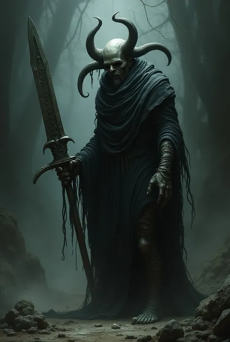 Gor wielding the necrosword 
Gor is bald
Gor has no beared 
Gor is slim skinny
Gor is wearing a type of black cloth around him
He has 2 big horn like tentacles from his head
He is standing is dark place 
Scary realistic image 