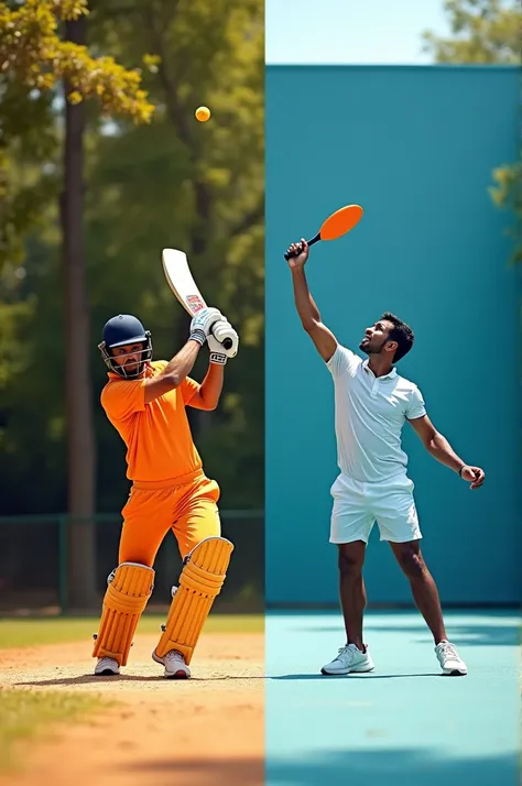 One half of the image can show a player hitting a cricket ball in a classic shot, and the other half shows a male paddle tennis player mid-serve.
Use contrasting colors for each side to make it visually striking.
