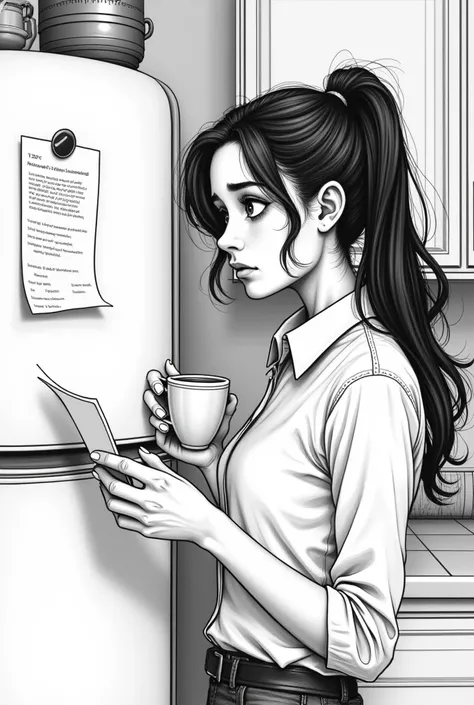 a woman reading a note that was stuck to the fridge with a worried look on her face with a coffee in her hand. black and white drawing style image