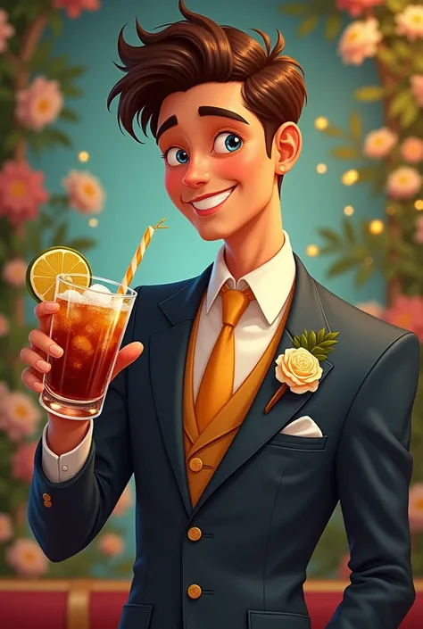 Generate me a Disney style photo of a young man in a wedding suit drinking a rum and coke, You should appear holding the glass with the little finger of your hand in an outstretched position, The title of the image must appear above in large format with th...