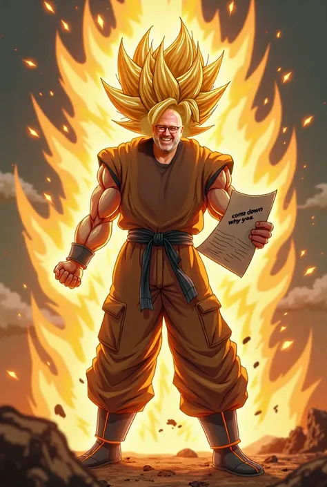 Angry man transformed into super saiyan 3. He is dressed in work clothes and has a medical report in his hand that says: " come down why yes ". The fund is from Molia del Segura in Murcia.