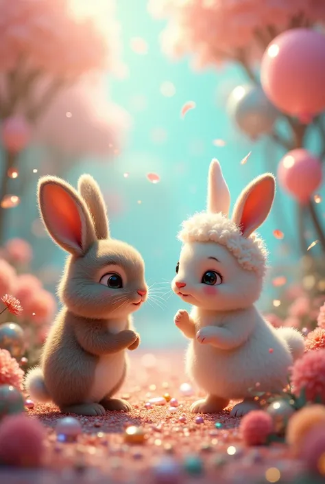 Rabbit Talks to Sheep, Celebrate with Cake, Balloons, Soap Bubbles, Confetti, Masterpiece, Highest Quality, Photon Map, High Contrast, Glitter, Lame, Diamond Particles, Multiple exposure, gems, Bright colors, Delicate details, races 、ribbon、Gorgeous、cute、N...