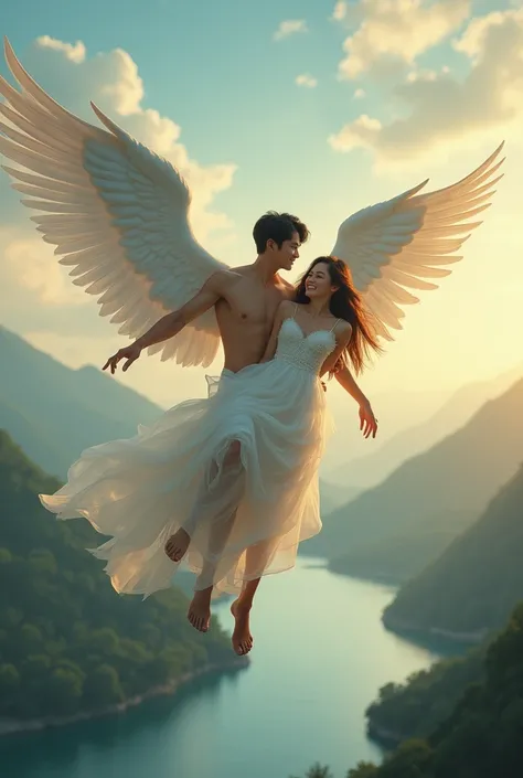 A young handsome Korean man soars high in the air above a surreal view of a lake and forest at dusk, arms outstretched, smiling happily at the camera while carrying a beautiful woman on his back. at sunset. The man was dressed like an angel. He has very wi...