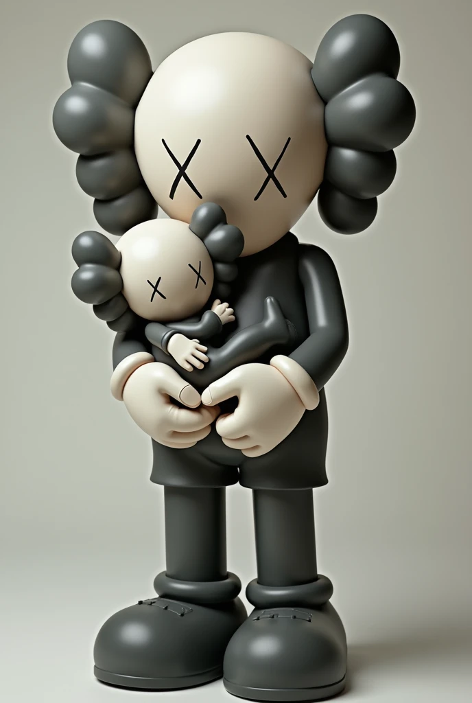 Create a very hyper realistic black kaws have his kid in her lay but not human kid the kid must be in kaws character