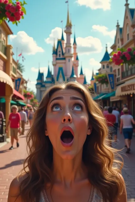 A woman enters the Disney world with a shocked face 