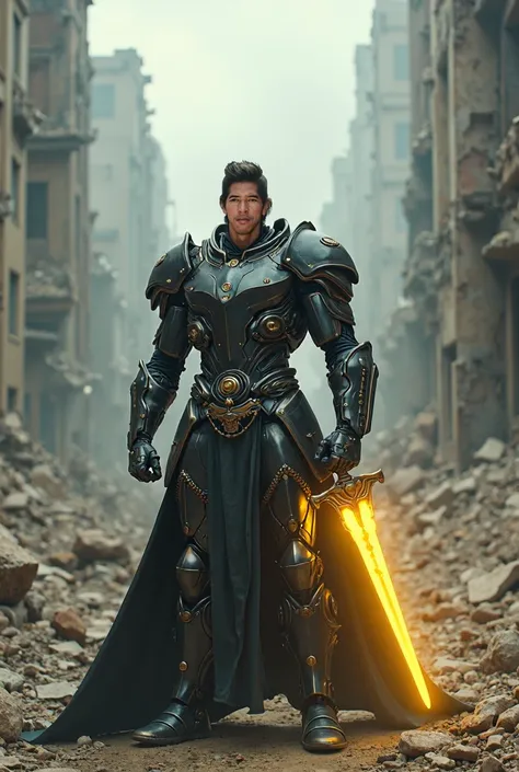 Realistic, full body, handsome man wearing robot armor, holding samurai, the samurai is bright yellow at the tip, standing among the ruins of buildings, UHD, 8k, Ultrawide