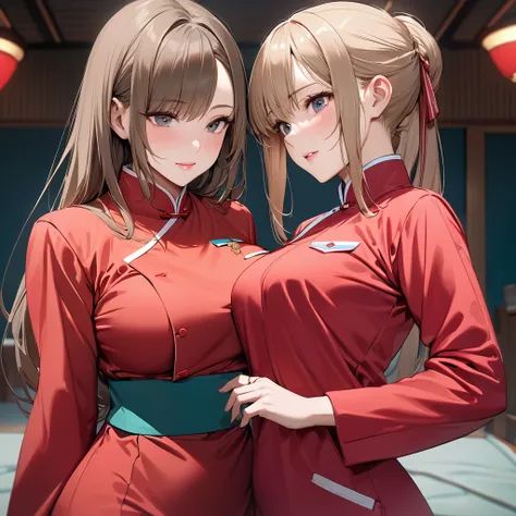 ((Best Quality)), ((masterpiece)), (detailed), （Perfect Face）、The woman is Yuuki Asuna, a beautiful Japanese woman with light brown hair, beautiful proportions and an engagement ring.、The woman is wearing a North Korean Mao suit and has naturalized in Nort...