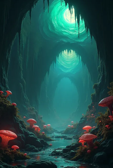 generates an image of a dark animated cave with vivid colors ( cafe, green), pesadilla
