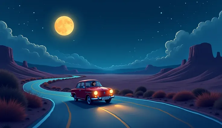 **It was middle of the night, and Taha was driving down a deserted road.**cartoon 
