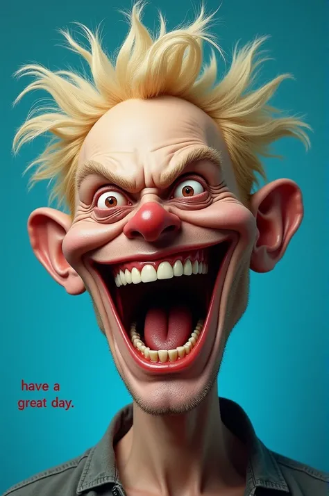 A male with an over exaggerated facial expression and stung out eyes. Blond wavy hair. Caricature , bloodshot eyes, showing teeth. The phrase “Have A Great Day” at the bottom. Blue background. 