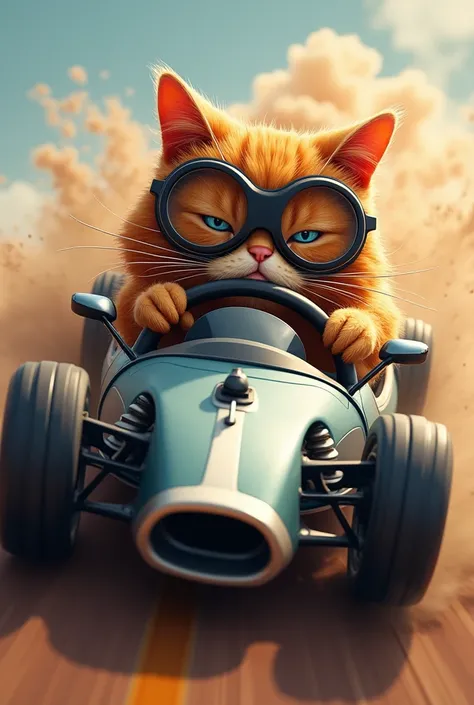 A rich cute cat wearing the goggles and driving the car with speed and expression of angry