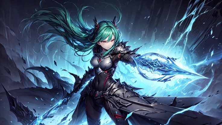 (((Best quality, Ultra high resolution, Textured skin, High quality, Precise CG unification, Extremely detailed game CG, Masterpiece))), (Solo), dark green hair, Are standing, Tsurime, scythe, Fighting, action pose, Dynamic Angle, Facing Away, full body ar...