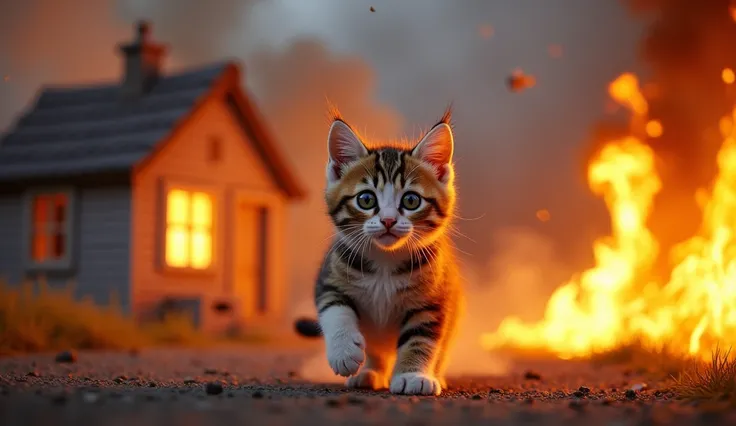 
1. **Background**: An image of a house with smoke or flames in the background.
2. **Main Subject**: A playful or mischievous kitten in the foreground. Ensure the kitten is prominently featured and looks curious or surprised.
3. **Text Overlay**: Bold and ...