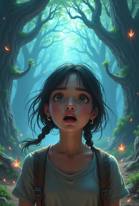 a teenage girl enters a fantasy world, her face was shocked