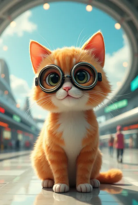 A rich cute cat wearing the goggles and airport standing there