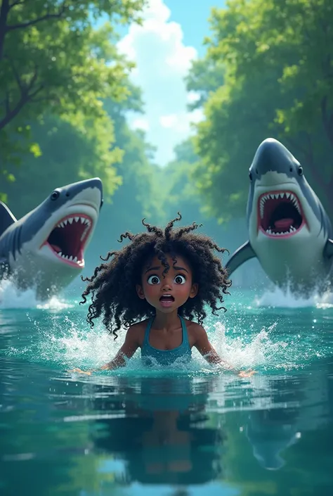 a black girl, not even young, swimming in the lake and running away from several huge sharks. the child is black, with big curly hair, anime characteristics  the girls hair is long, not short, very long 