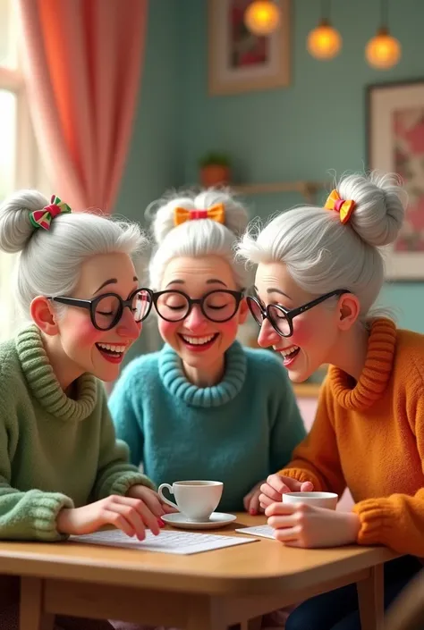 Character consistent with the style of a Pixar fairy tale animation, pixar 3D animation ,three 3 cute elderly women, white skinned ,flushed cheeks with white hair tied in a messy bun with colorful bows,they are smiling showing their teeth , wearing glasses...